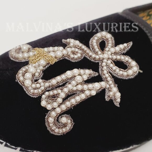 GUCCI SHOES BLACK VELVET MOCCASIN LOAFERS PEARL AM APPLIQUE FLATS sz 36.5 6.5 - Picture 7 of 12